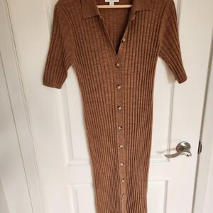Camel Merino Ribbed Button-Down Dress